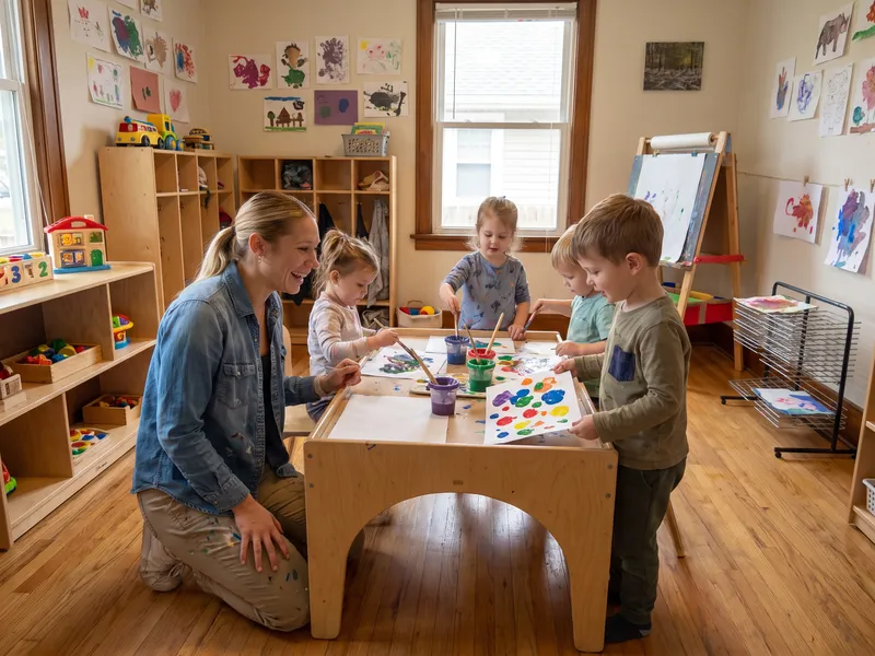 Gretta con niños de preescolar pintando en una mesa de arte del salón