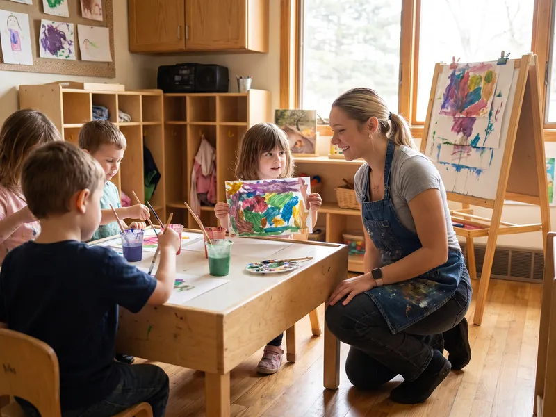 Gretta en la mesa de arte mientras los niños de preescolar pintan