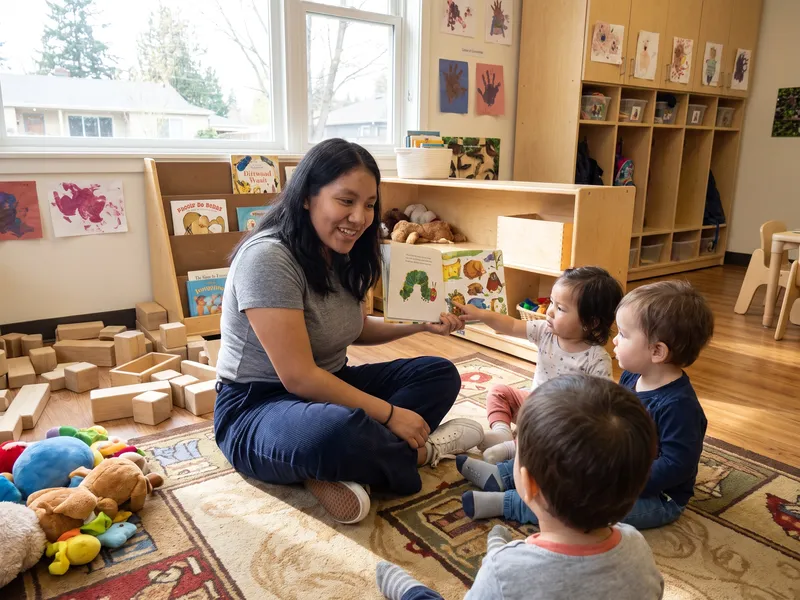 Jane compartiendo un libro ilustrado con niños pequeños en un salón de Little Learners